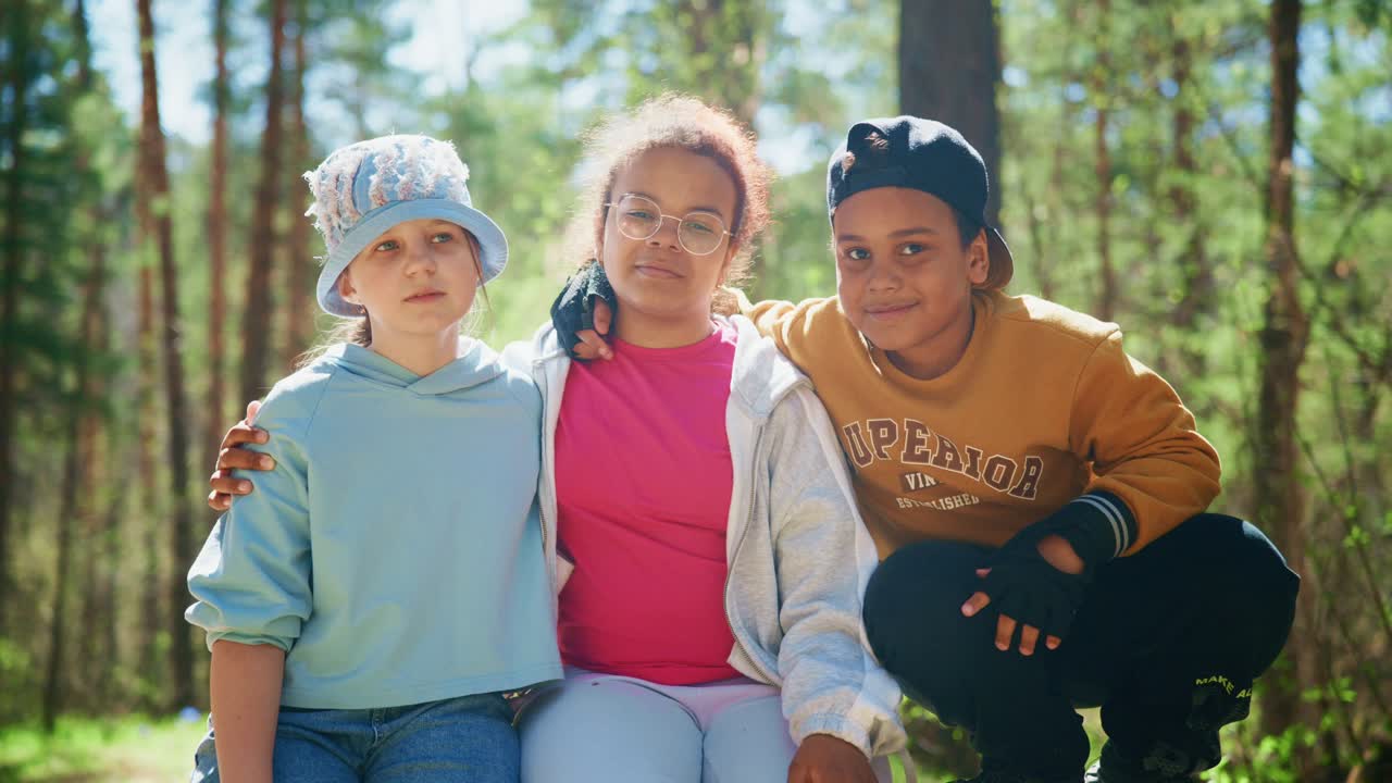 Happy Multi-Ethnic Children Posing Together in a Sunny Forest