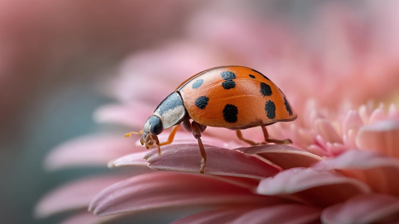 A Close-Up Encounter: A Vibrant Ladybug Crawls Gracefully on the Petals of a Soft Pink Flower, Showcasing Nature's Beauty and Intricate Details
