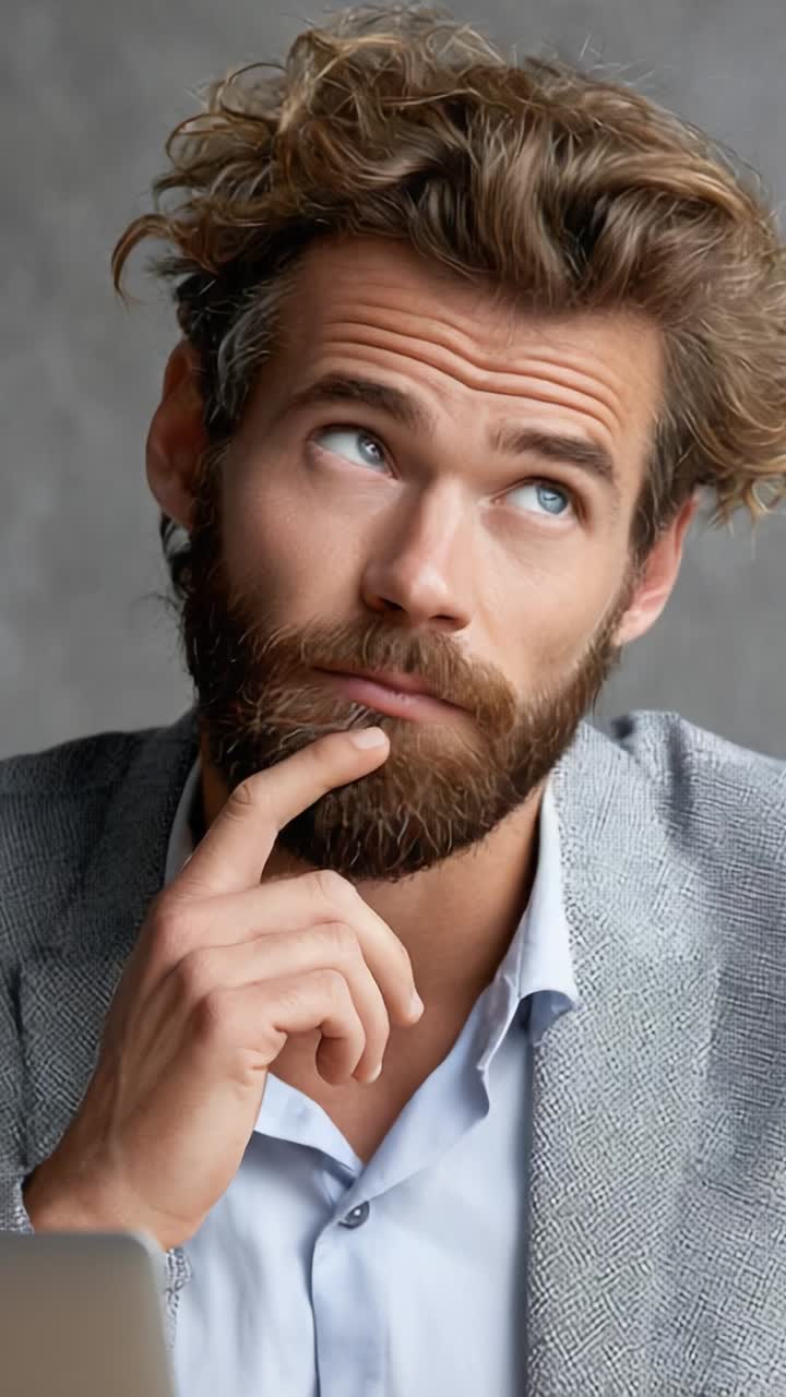 Contemplative Man in Grey Blazer Pondering Deep Thoughts While Looking ...