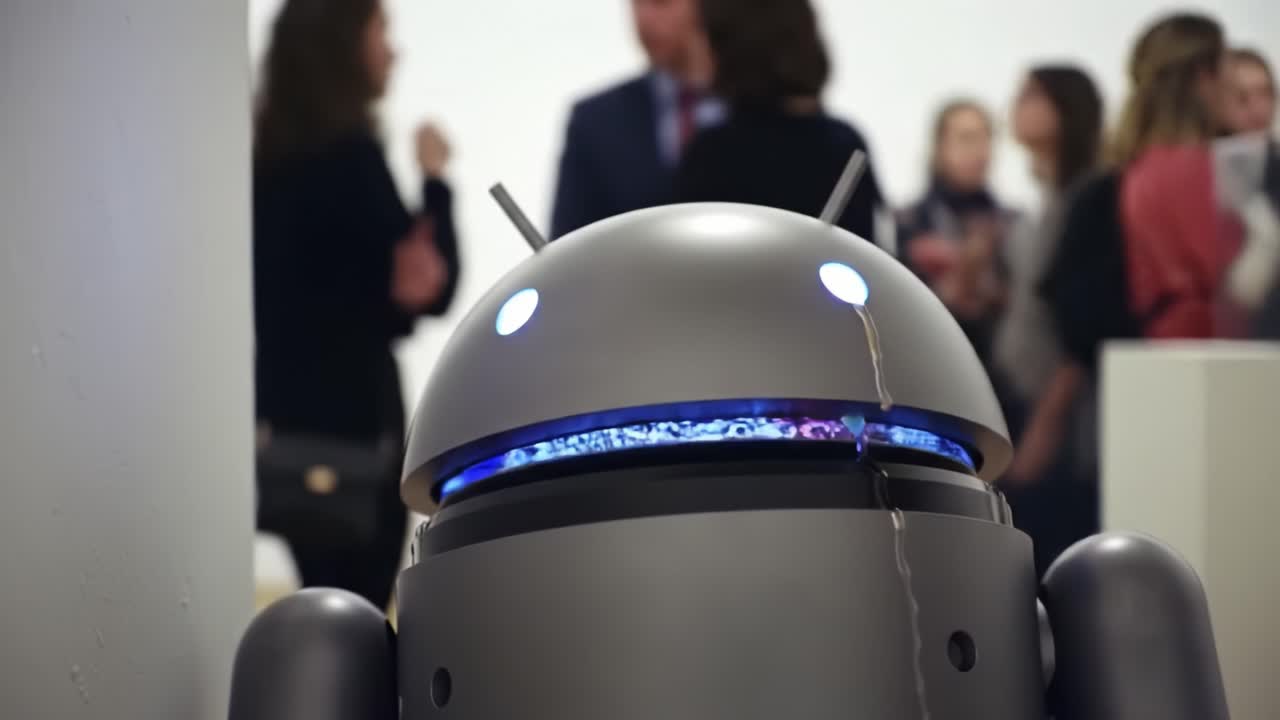 A Unique Android Robot at an Art Exhibition, Observing Guests and Creating a Futuristic Atmosphere, Blending Technology and Creativity in a Modern Setting