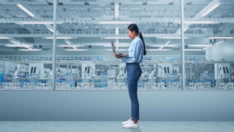 full body side view of an asian female professional worker standing with her laptop at factory digitalization for innovative project, typing and dissapionted with nodding her shead