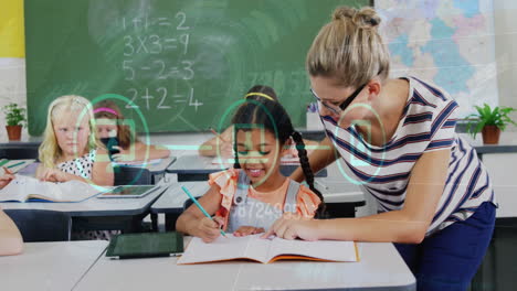 animación del procesamiento de datos sobre maestras caucásicas con escolares diversos