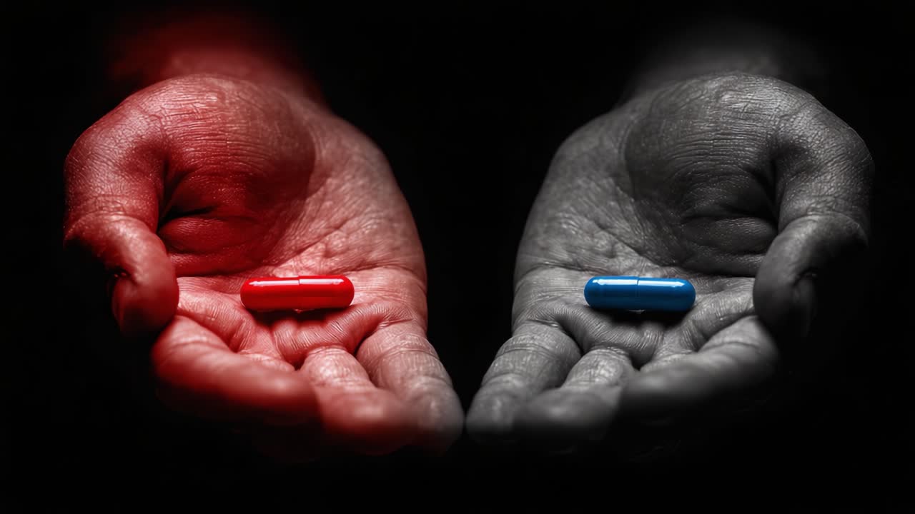Una scelta simbolica: La dicotomia della realtà rappresentata da pillole rosse e blu nelle mani, che evoca temi di coscienza, percezione e dinamiche decisionali.