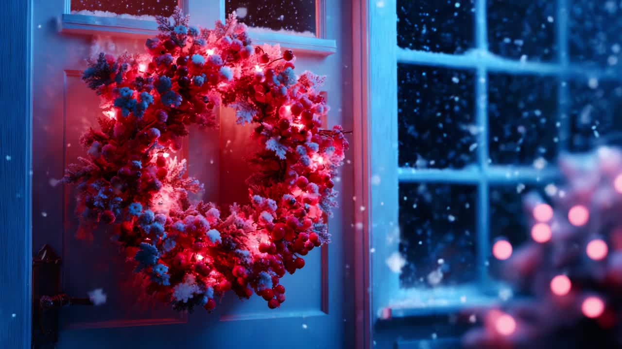 A Beautifully Decorated Holiday Wreath with Colorful Lights Hangs on a Door Surrounded by a Winter Wonderland of Snow, Creating a Cozy and Festive Atmosphere for the Season