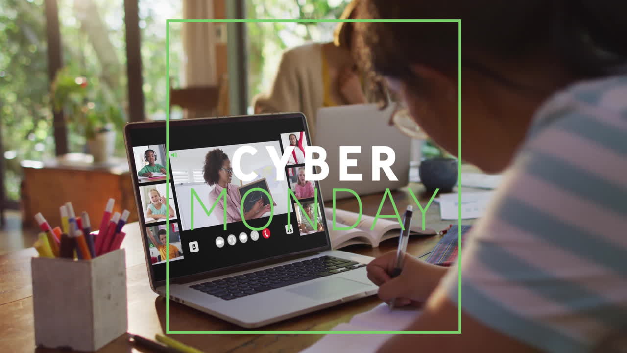 Participating in online meeting, people discussing Cyber Monday animation in office