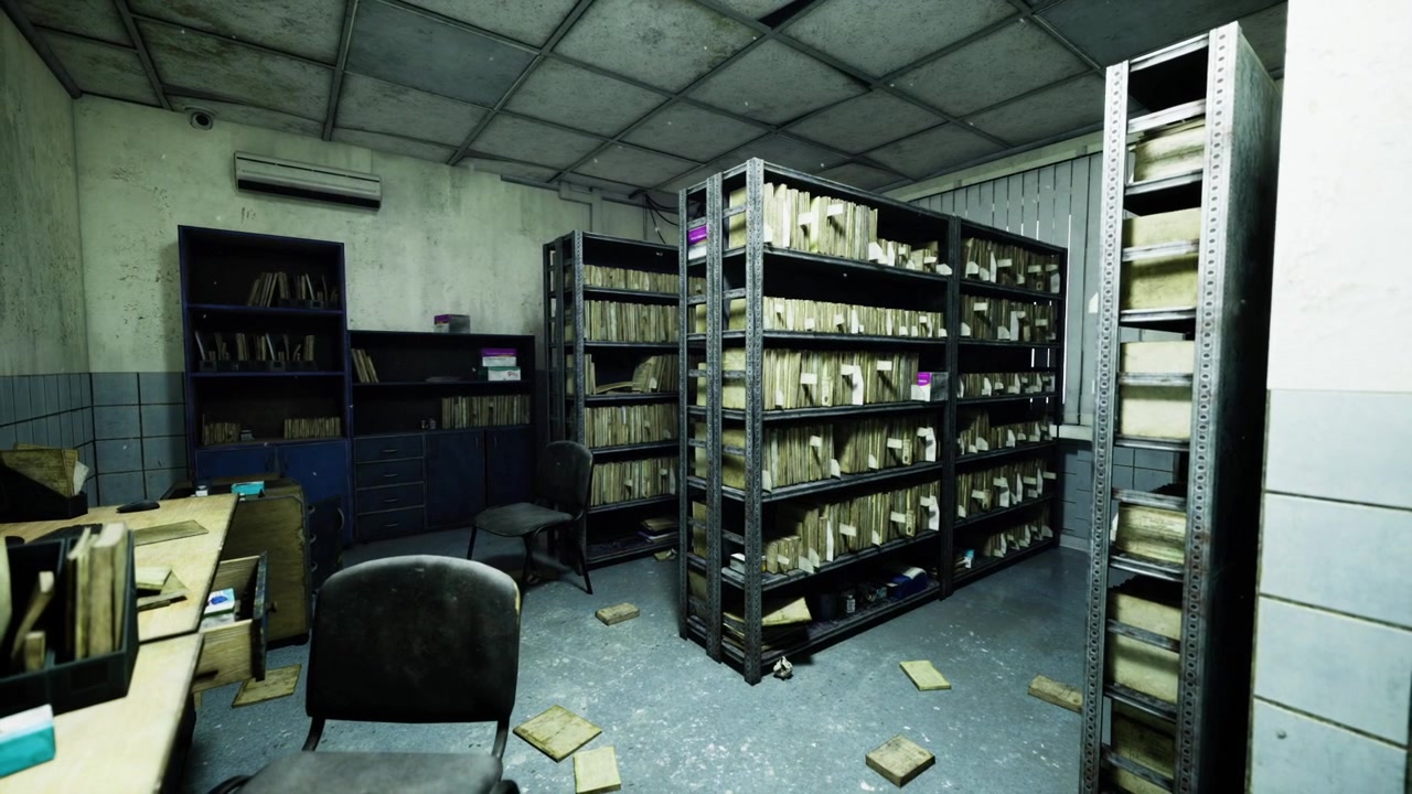 Unkempt records area with stacks of boxes and detailed cataloging process