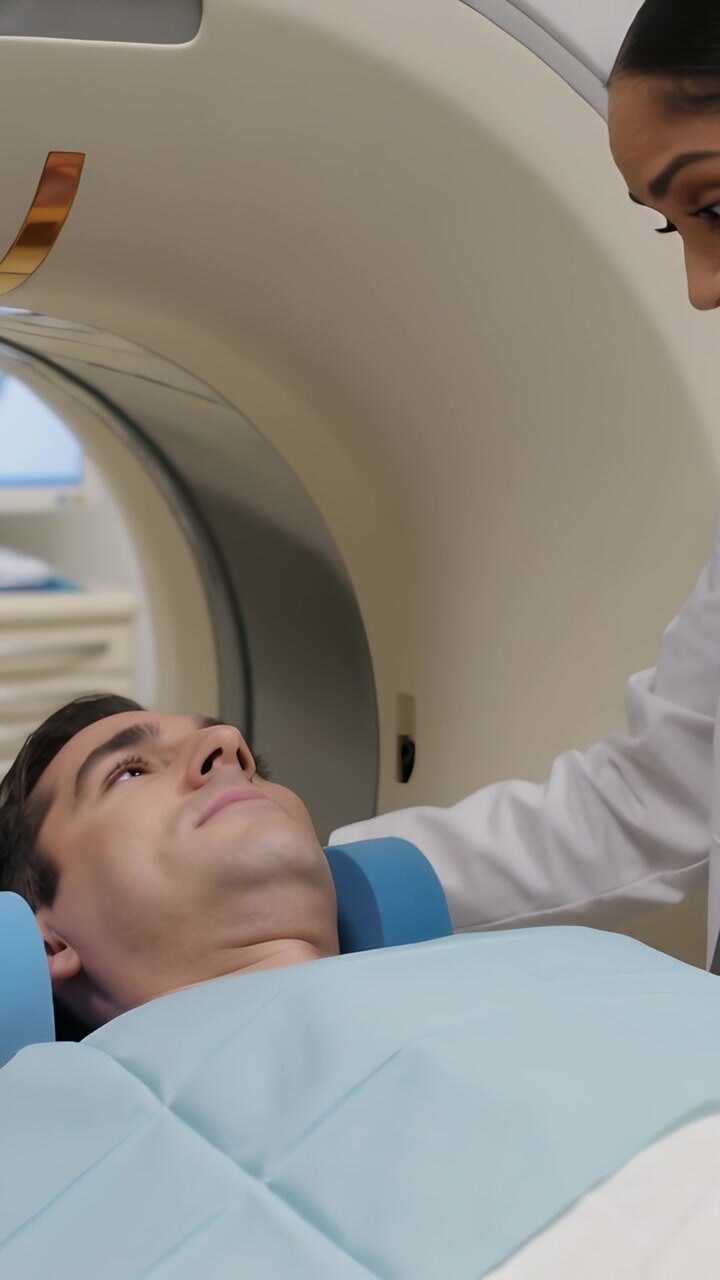 Video verticale: Tecnico in camice che si allunga per sistemare cuscinetti blu sulla testa del paziente al gantry per una scansione.