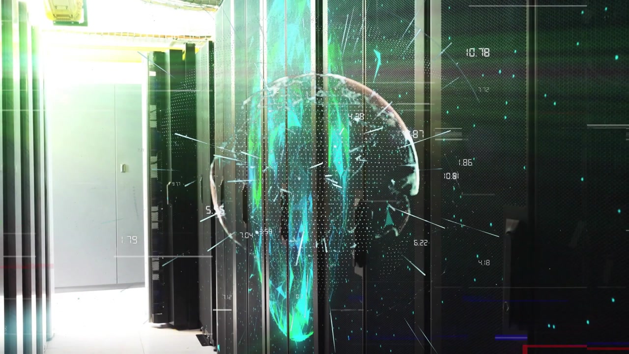 On still camera, globe hologram emerging and radiating data lines along racks showing network flow