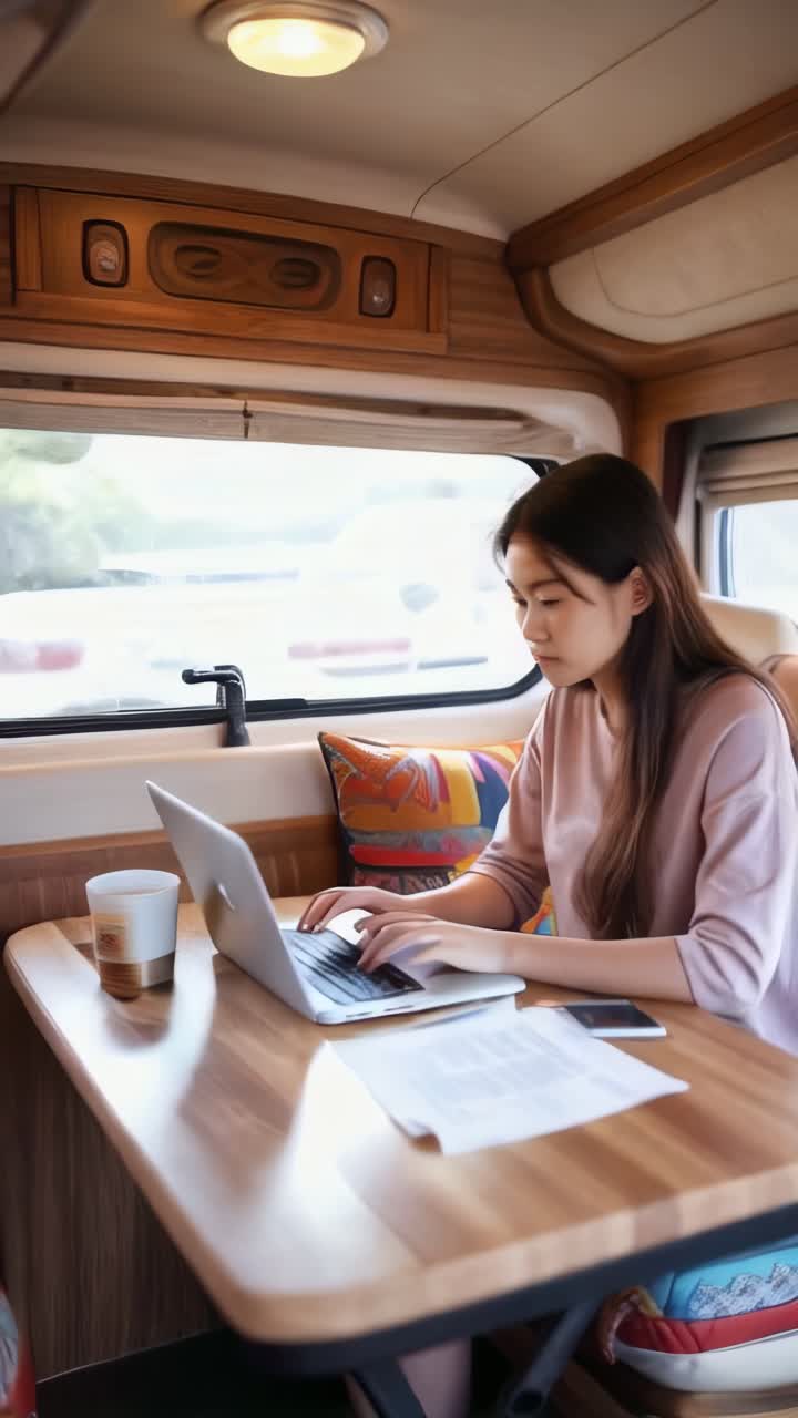 A young female digital nomad working on his laptop inside a camper van.