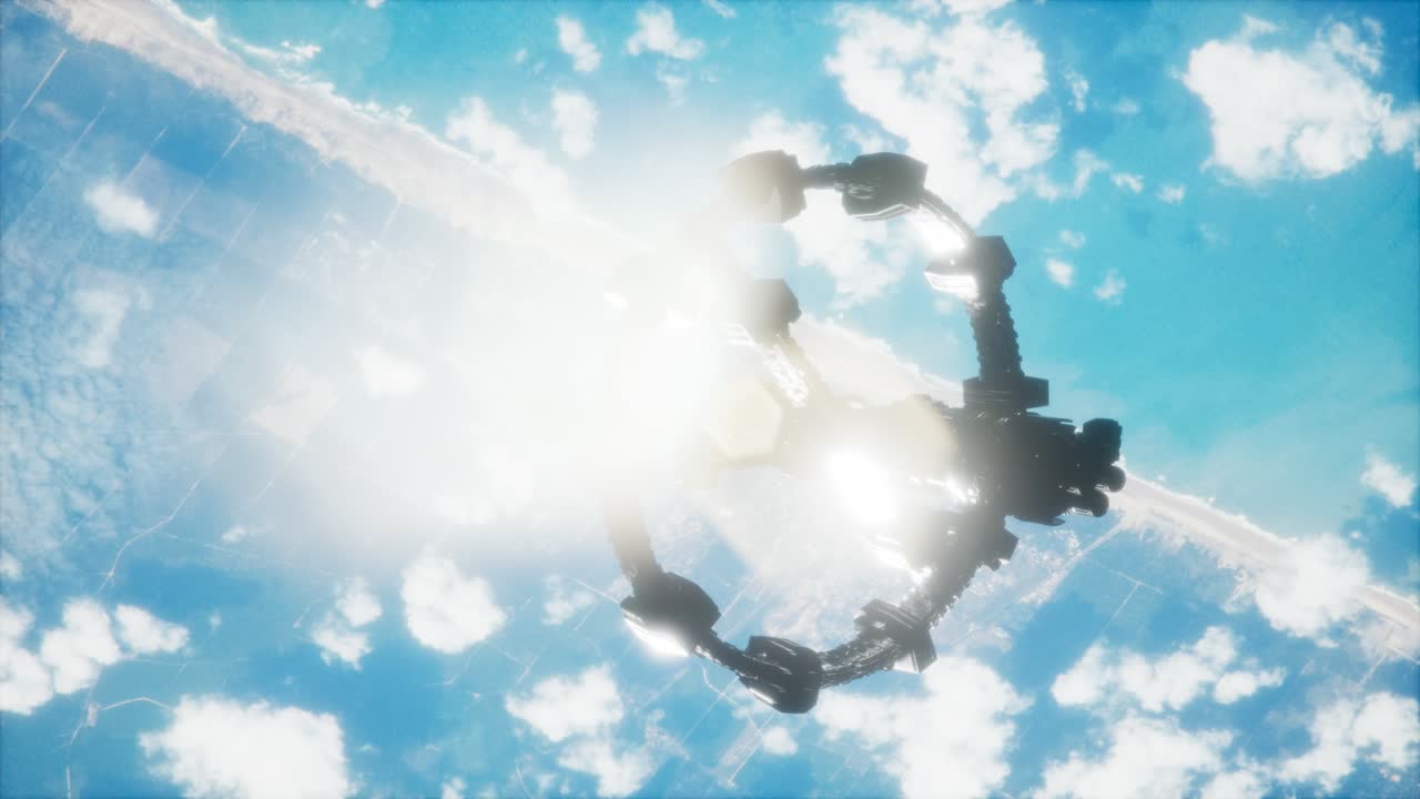 지구와 우주선의 모습. iss는 지구를 공전하고 있습니다.