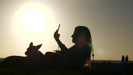 mujer y perro se sentaron en la playa al atardecer