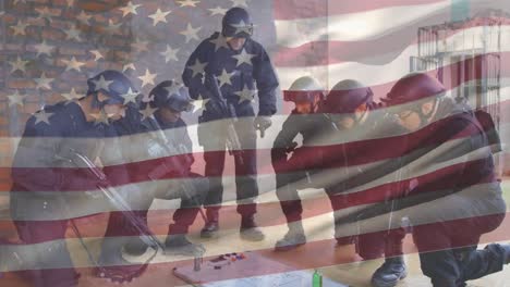 animation of flag of usa over caucasian soldiers with armour