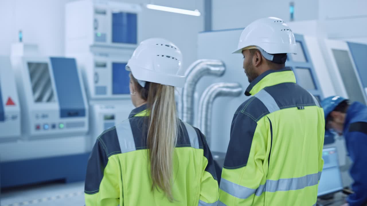 ingeniero jefe y gerente de proyecto con chalecos de seguridad, cascos caminan por la fábrica moderna, hablando, optimizando la producción. instalación industrial: profesionales que trabajan en maquinaria. siguiente disparo