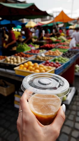 holding a drink at a bustling outdoor market with fresh produce