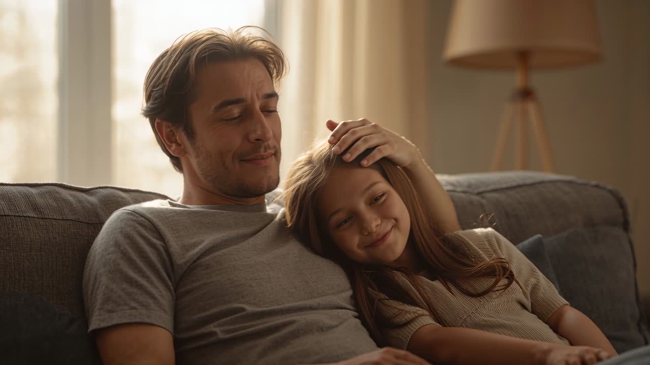 Raising hand, father in grey T-shirt placing hand on child's head on home couch comforting