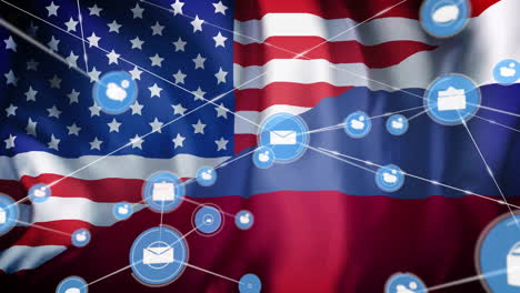 animation of network of connections with icons over flag of usa and russia