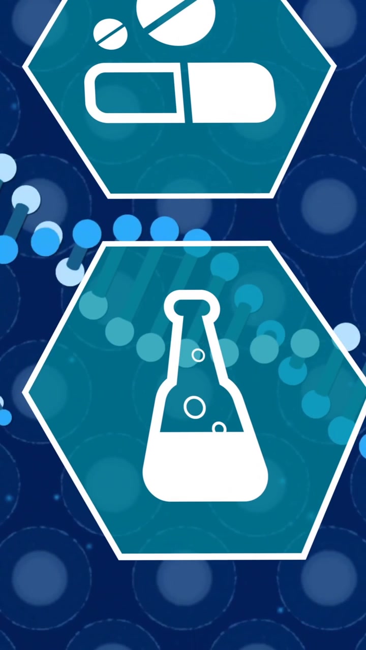 Animation of medical icons, dna strand and digital data processing over dark background