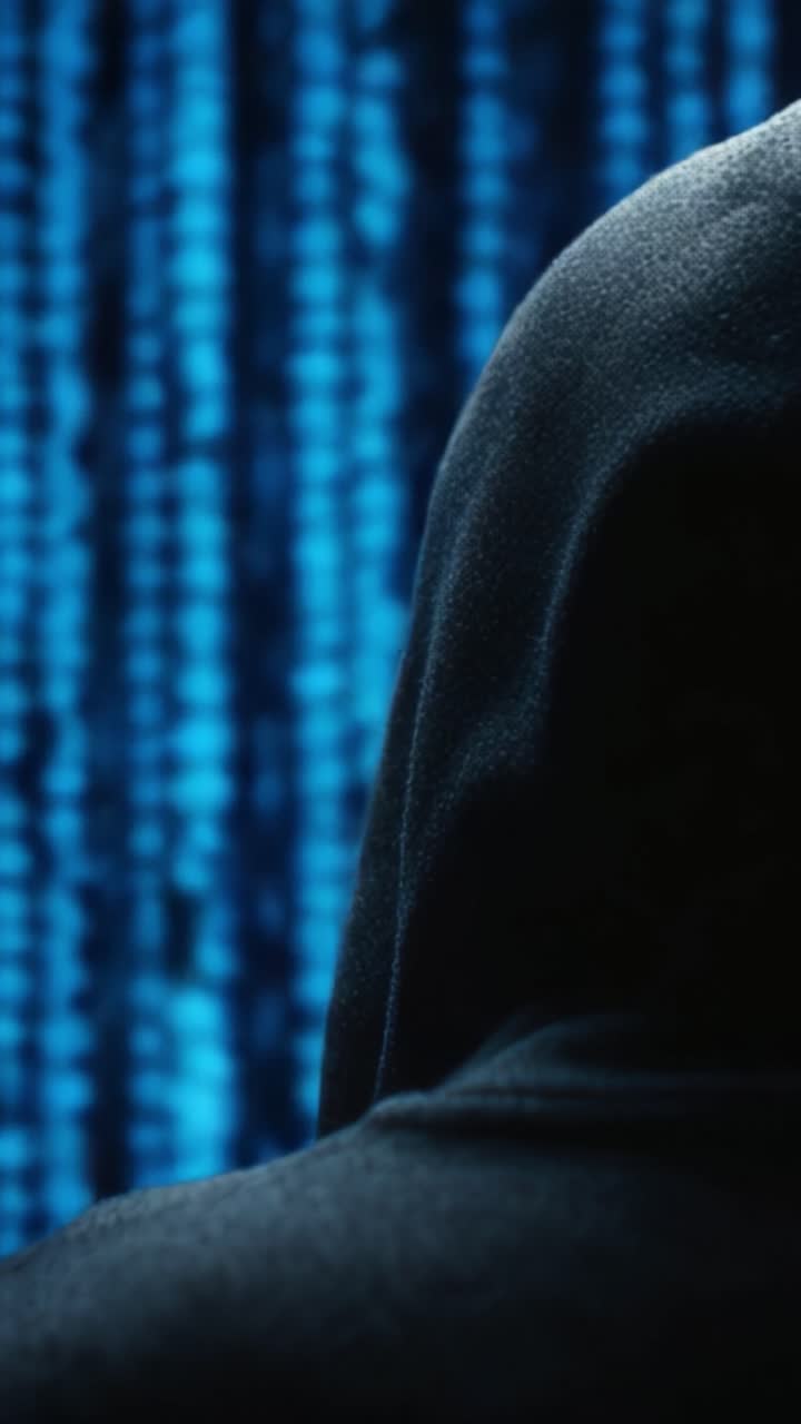 Una Figura Misteriosa Vestita con un Cappuccio Nero di Fronte a una Matrice Digitale, a Simboleggiare le Minacce alla Sicurezza Informatica e il Mondo Nascosto di Hacker e Violazioni dei Dati