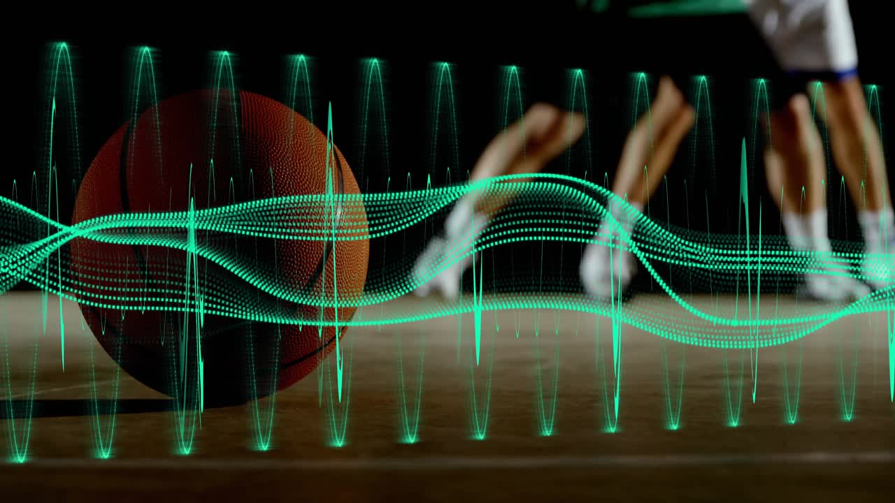 Sports dribbling player matching green waveform pulsing over basketball on court, defender sliding