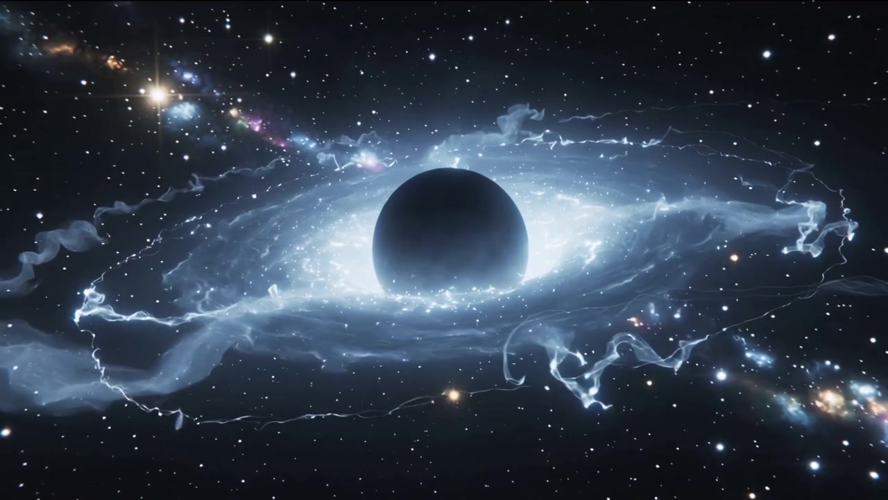 Frame sequence showing accretion ring and ribbons shifting around central dark sphere in deep space