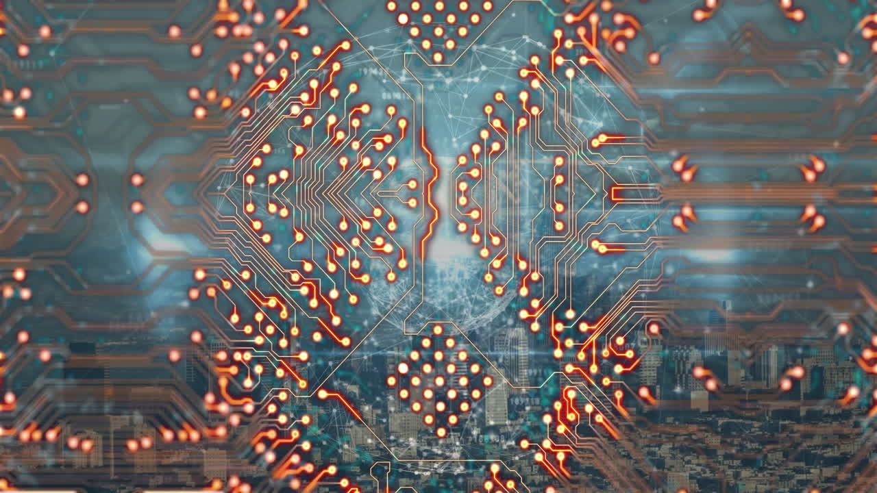 animación de circuitos integrados en todo el mundo con conexiones en el paisaje urbano