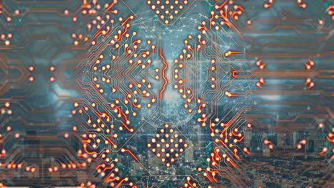 Animation of integrated circuit over globe with connections over cityscape