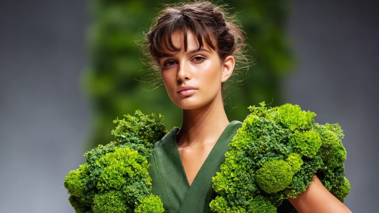 Büyüleyici bir model, doğayı yüksek moda ile harmanlayarak büyüleyici bir podyum gösterisinde canlı yeşilliklerle süslenmiş benzersiz bir moda design’ını sergiliyor