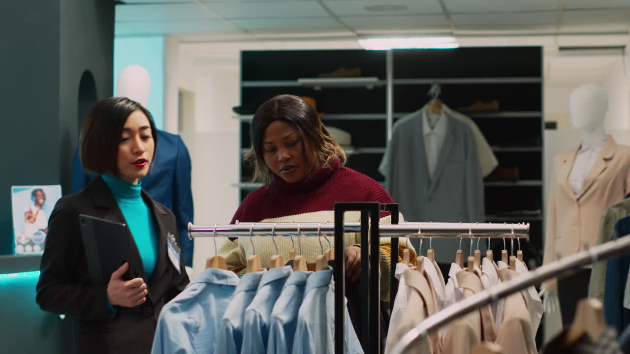 Two women browsing clothes in a clothing store