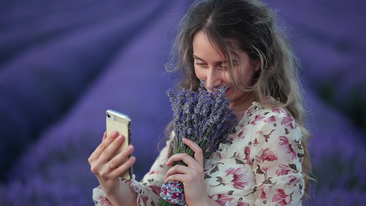 Joyful young woman taking a selfie while holding a lavender bouquet in a violet field
