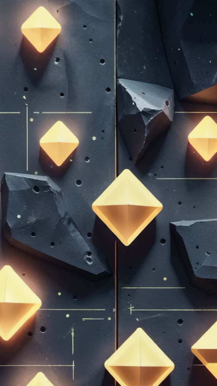 Vertical video: Pulsing glowing golden tetrahedral solids revealing textures on dark panel at start