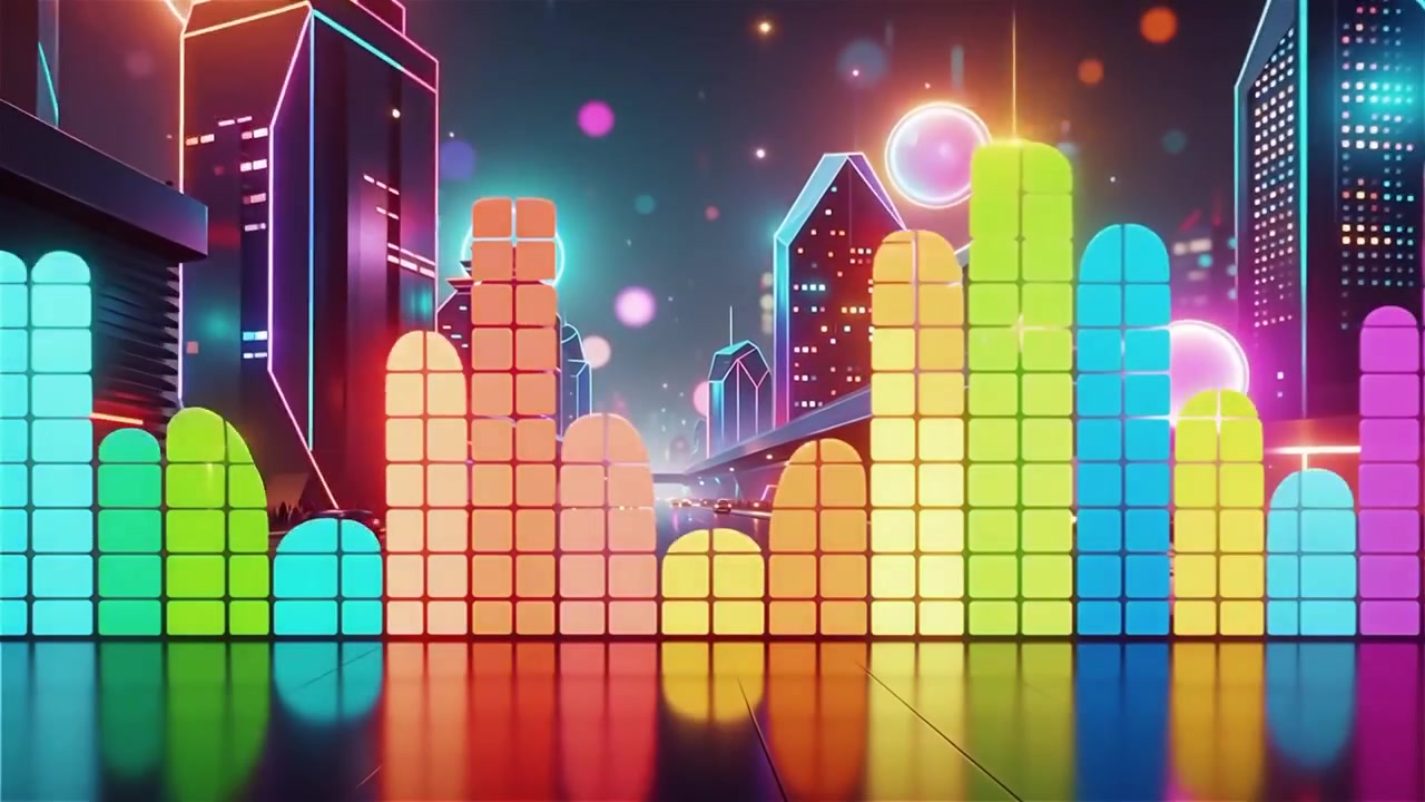Fundo Futurista com Visualizador de Equalizador de Música Neon Arco-Íris.