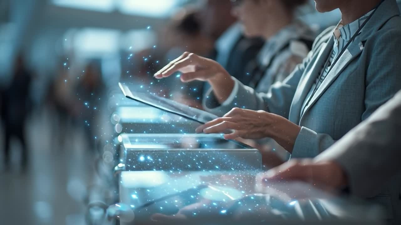 Människor använder teknik på en modern utställningsplats