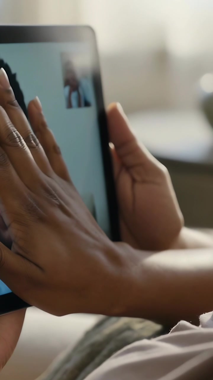 Vertical video: Receiving call, woman holding tablet on sofa, pressing cheek to screen showing love