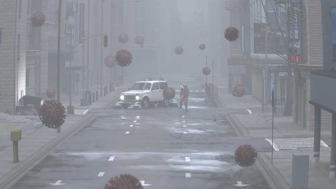 날아다니는 코로나바이러스와 함께 도시에서 생물학적 위험복을 입은 남자가 춤을 춘다.