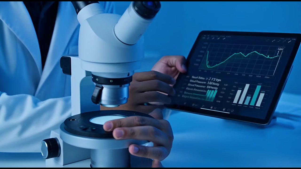 Scientist Working with Microscope and Tablet in Modern Laboratory