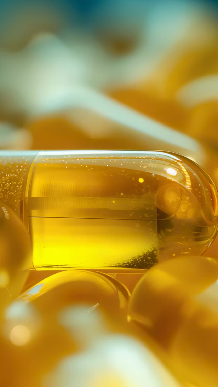 Vertical video: Shifting light causing yellow softgel flashing glossy rim in studio, bubbles rising