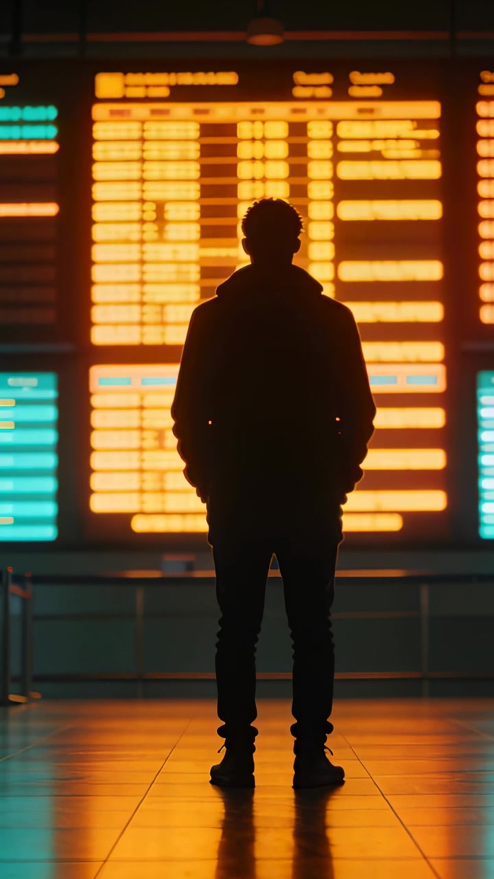 Vertical video: Bright board drawing attention silhouette reading info board at station, in hoodie