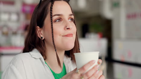 Woman-in-coffee-shop,-drink-and-peace