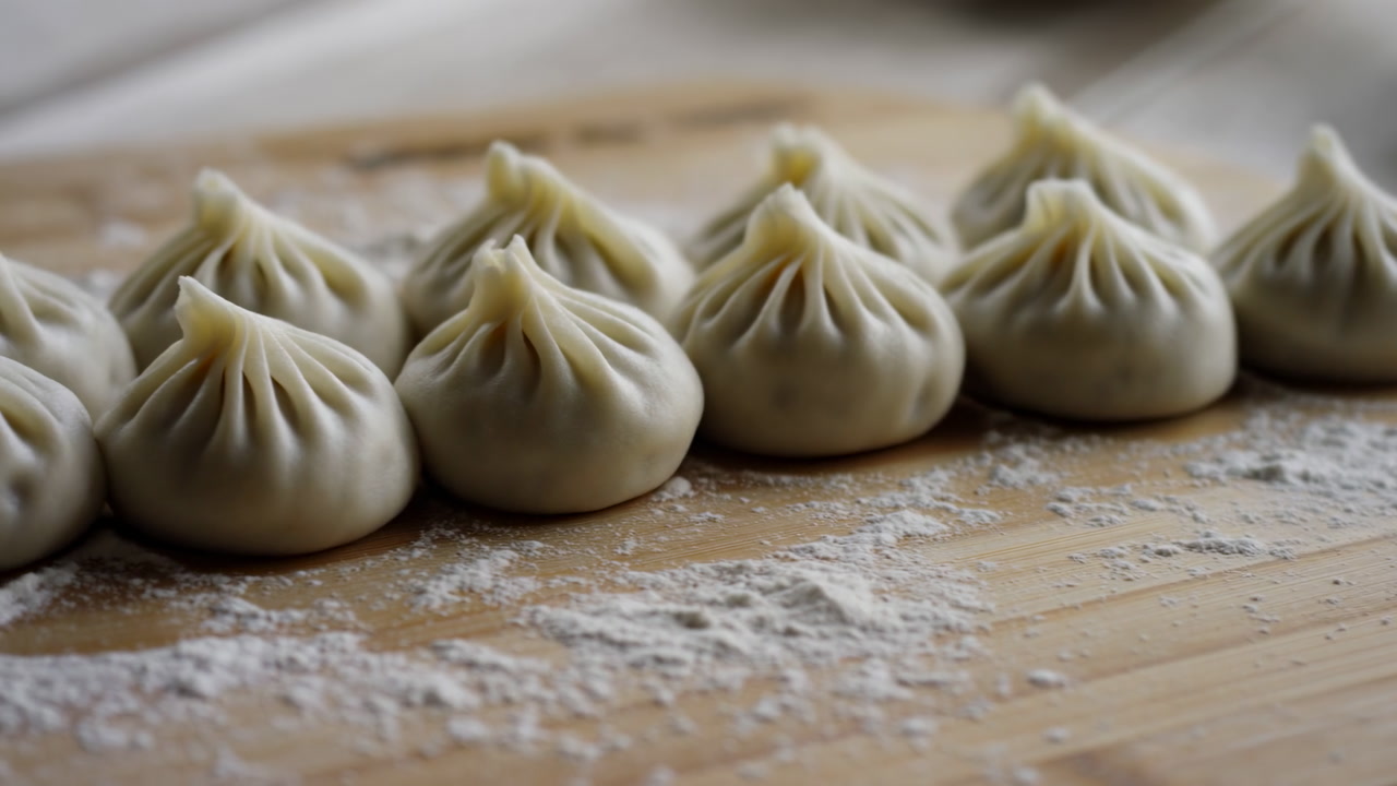 Raw Dumplings On Floured Board Closeup Showing Pleated Tops, Soft Natural Light, Dusting Of Flour, Wooden