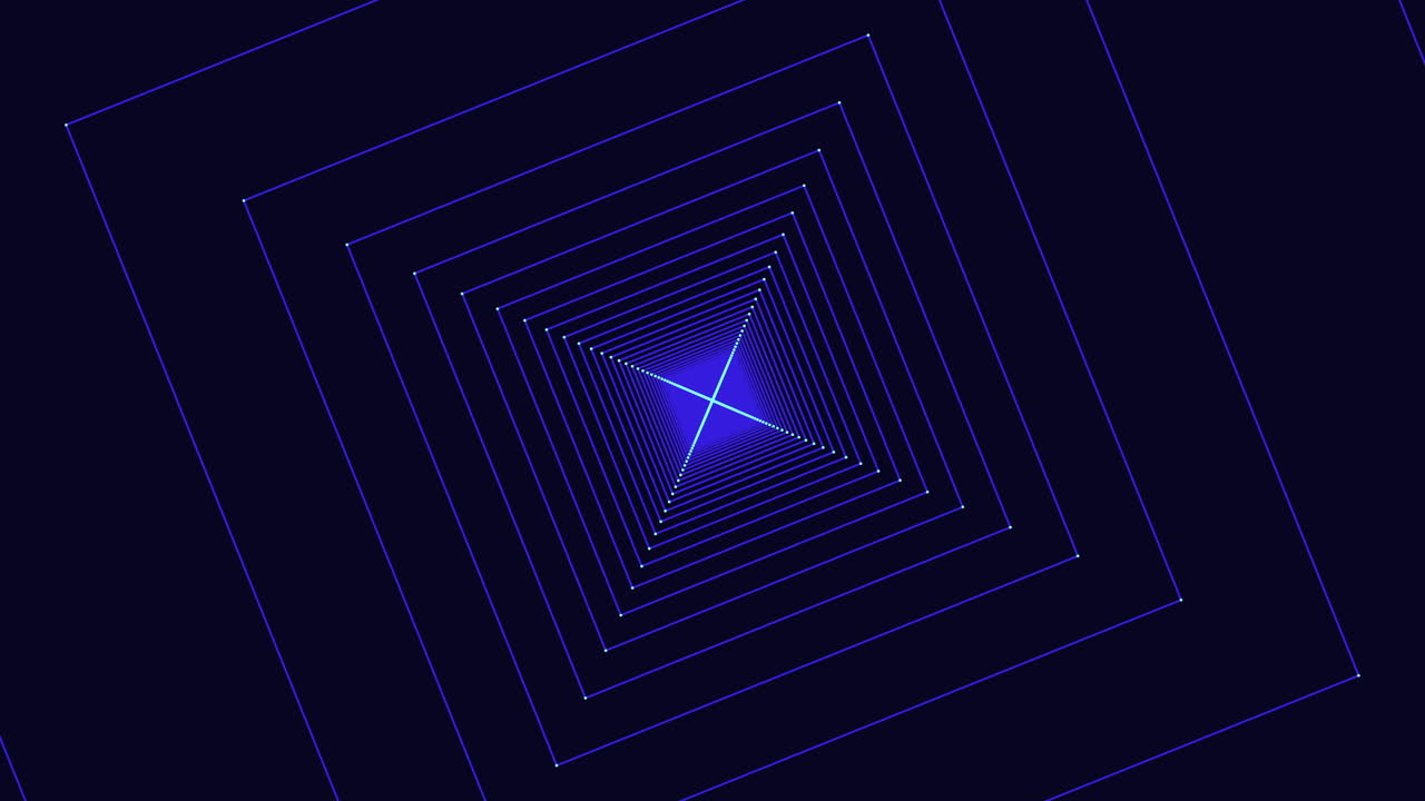 Futuristic abstract background footage of glowing neon blue square frames forming a tunnel and vanishing point, ideal for technology, sci fi, and digital motion design