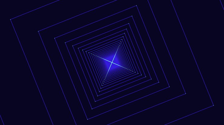 Futuristic abstract background footage of glowing neon blue square frames forming a tunnel and vanishing point, ideal for technology, sci fi, and digital motion design