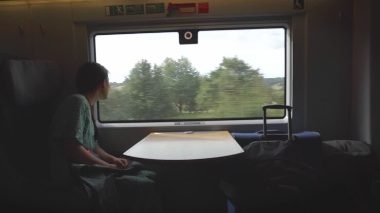 A woman sits alone by a train window, deeply absorbed in the passing countryside scenery
