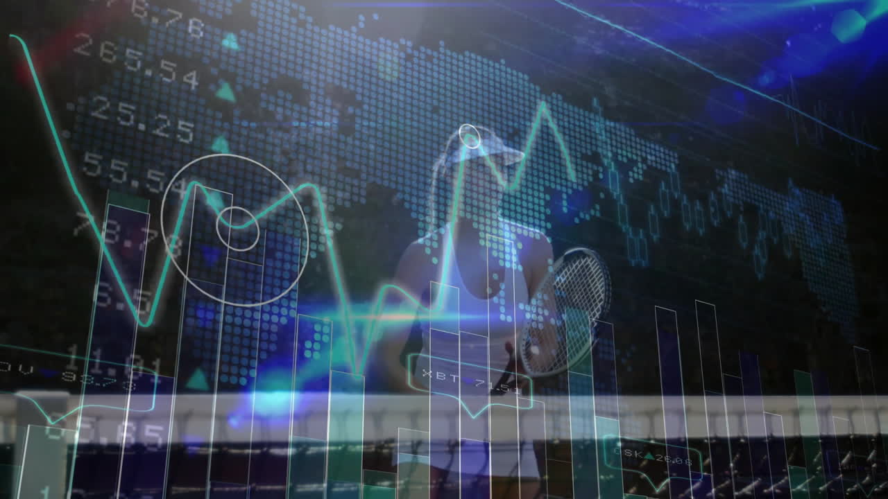 Woman swinging racket on outdoor tennis court, overlaying global finance line graphs and data