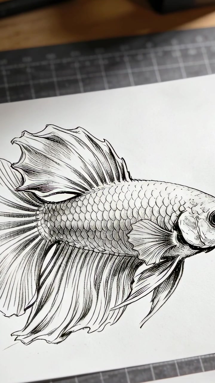 Video verticale: Telecamera che panoramica da sinistra su un disegno a inchiostro di un pesce Betta su un tappetino da taglio, evidenziando le squame.