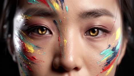 a close-up portrait of a woman with colorful face paint highlighting artistic expression and individuality through vibrant colors and unique patterns
