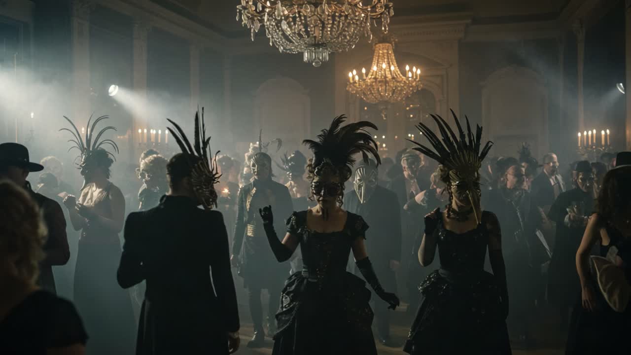 A Mysterious Masquerade Ball in a Lavishly Decorated Ballroom with Elegant Costumes, Feathered Masks, and Soft Ambient Lighting Creating an Enigmatic Atmosphere