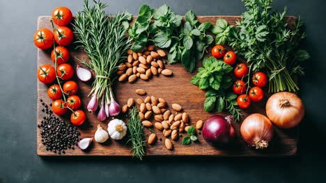 fresh vegetables and herbs on wooden cutting board