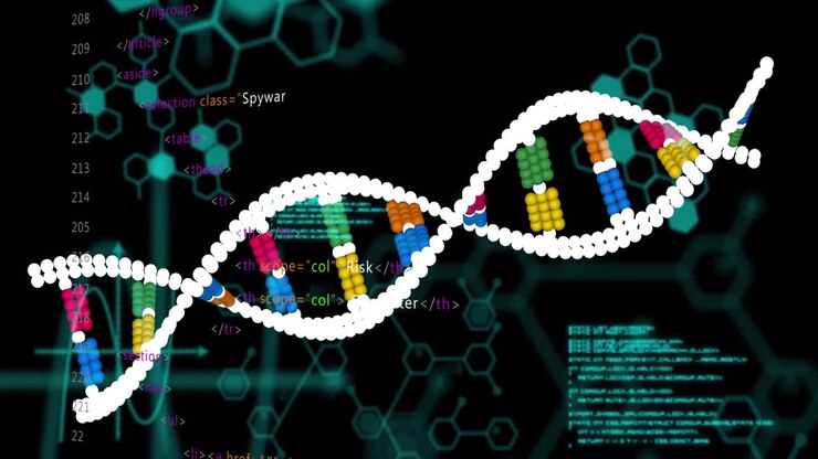 Animation of data processing over dna strand on black background