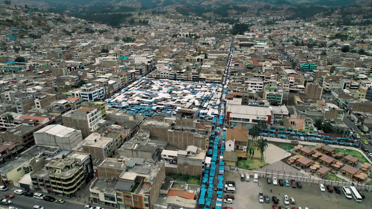 The famous Otavalo Indigenous Market (Plaza de Ponchos) and the surrounding city in Ecuador's Andean highlands. Perfect for cultural, travel, and documentary projects