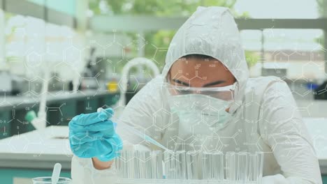 Animation-of-chemical-formulas-over-caucasian-female-lab-worker-in-safety-clothes-and-samples